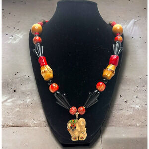 Necklace Boho Ethnic Wood Faux Cinnabar/Coral Bead Elephant Pendant Tribal India